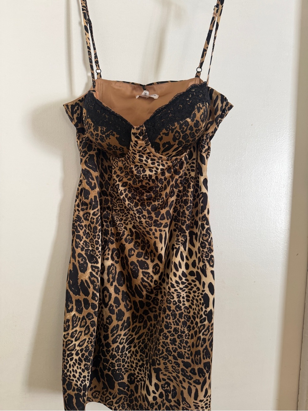 AFRM Leopard-Print Slip Dress with Black Lace Trim - Brown/Black